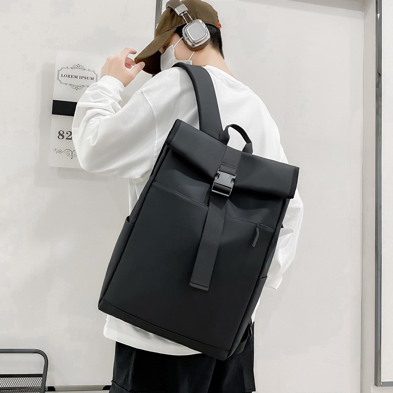 メンズリュック モダンロールトップ防水ナイロンリュック