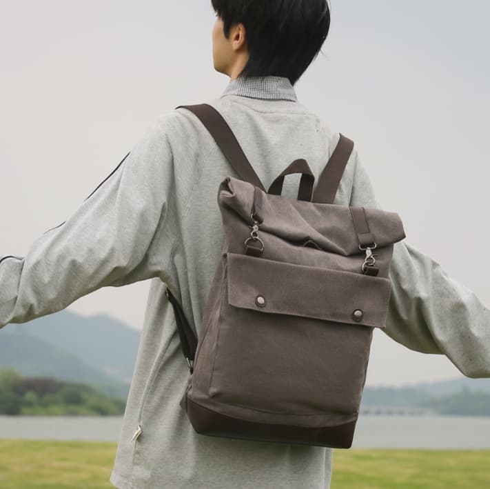 メンズリュック 革付きキャンバス ロールトップ リュック