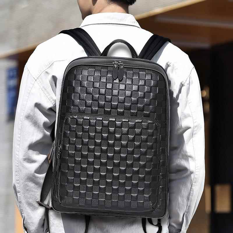 メンズリュック 市松模様高級革製ビジネスリュック